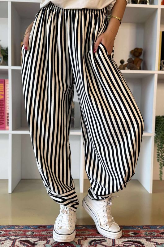 The Sunday Morning Stripe Twist Pant Black Ecru